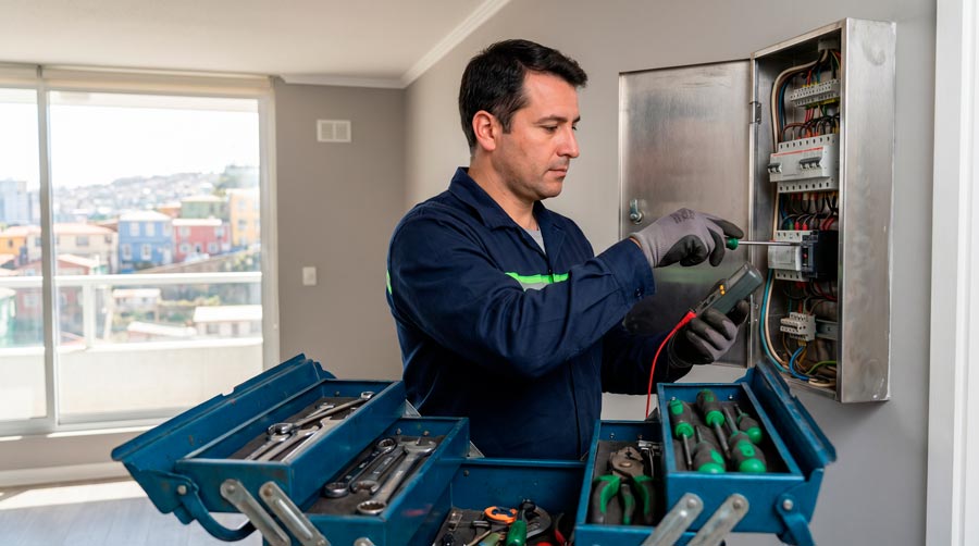 Técnico revisando instalaciones eléctricas y grifería en propiedad para arriendo en Chile Preparar propiedad para arriendo y tener éxito en Chile