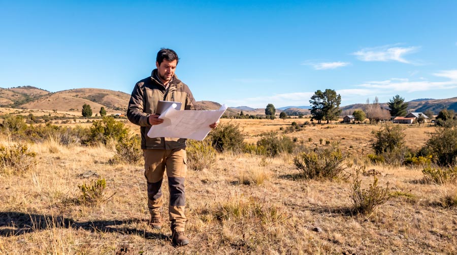 Tasador realizando verificación en terreno de propiedad rural en Chile